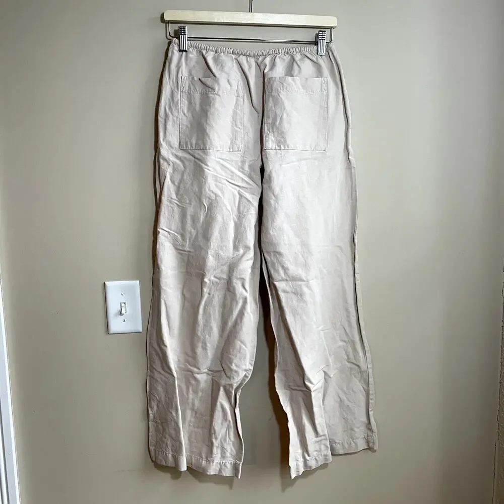 H&M linen blend drawstring waist wide leg trousers minimalist women's size small